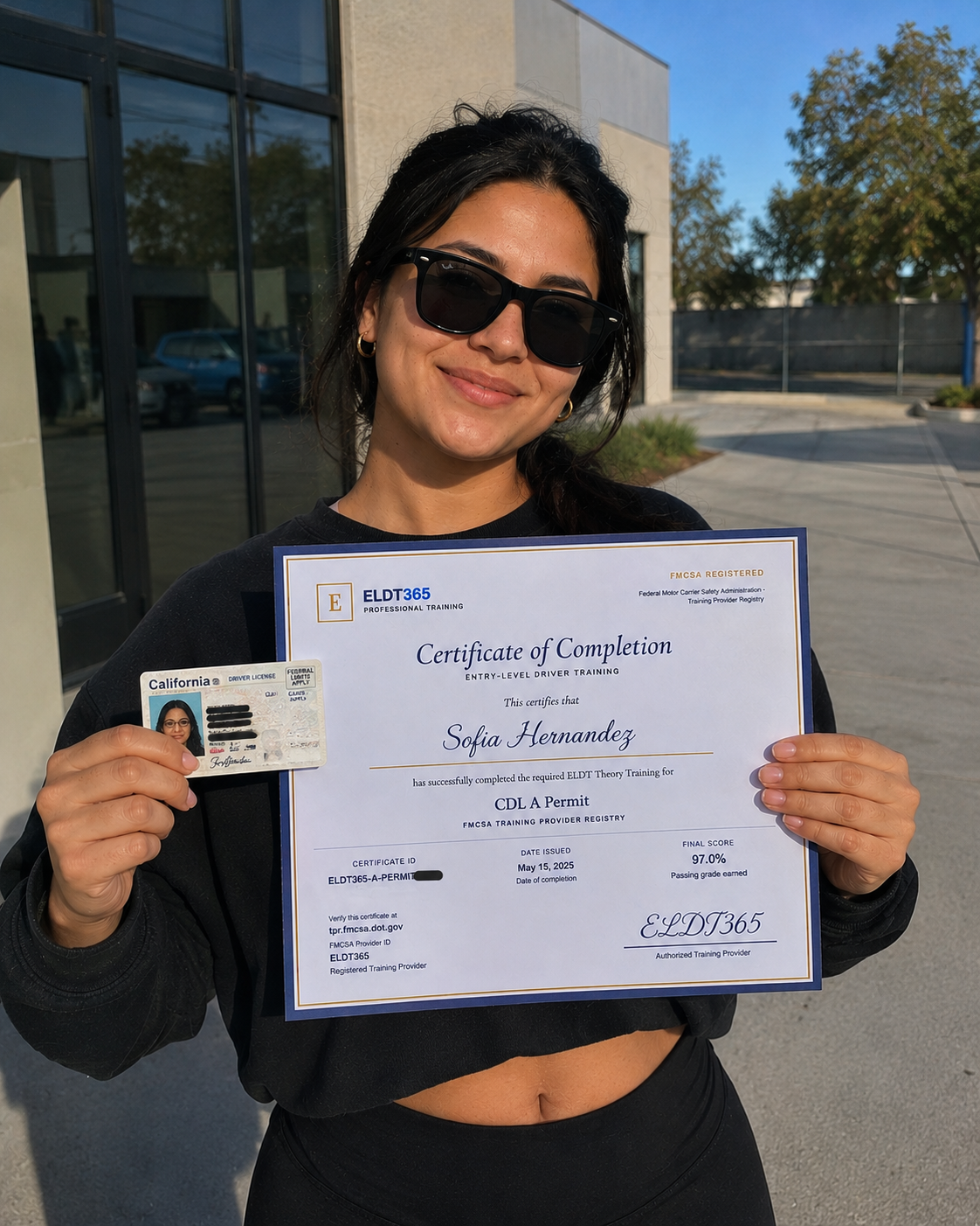Sofia H. holding her ELDT365 Class A CDL certificate