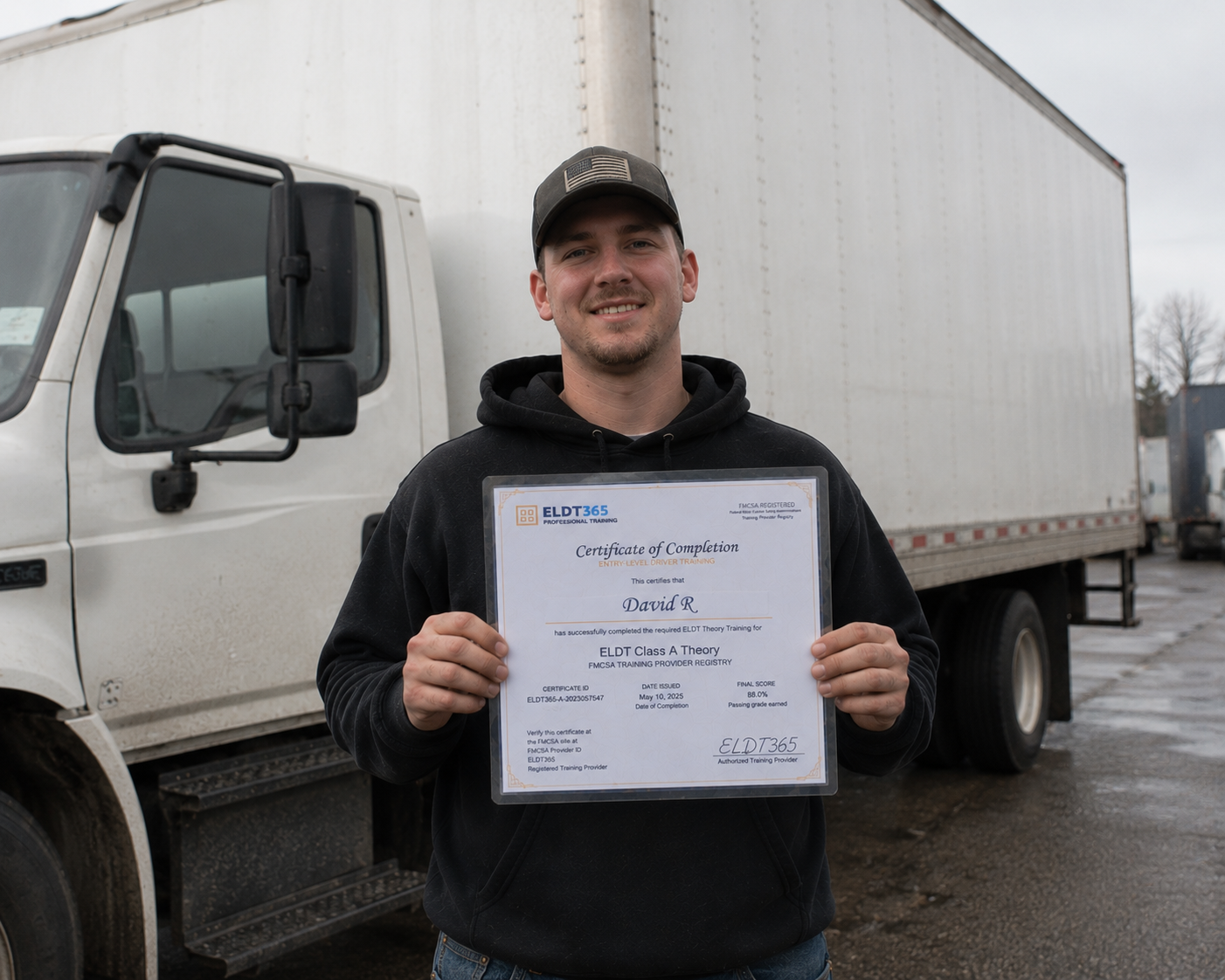 David R. holding his ELDT365 Class A CDL certificate