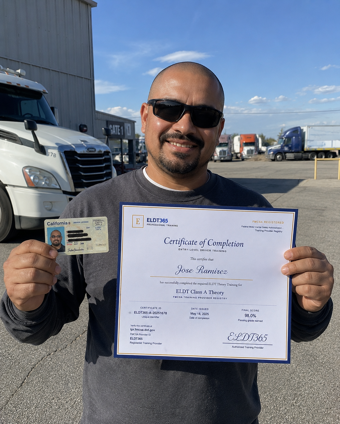 Jose M. with his ELDT365 Class A CDL certificate