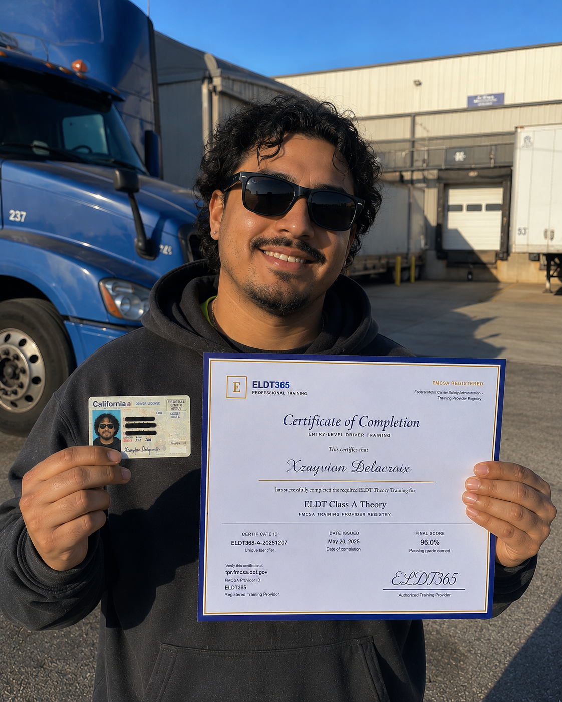 Xayvion D. with his ELDT365 Class A CDL certificate