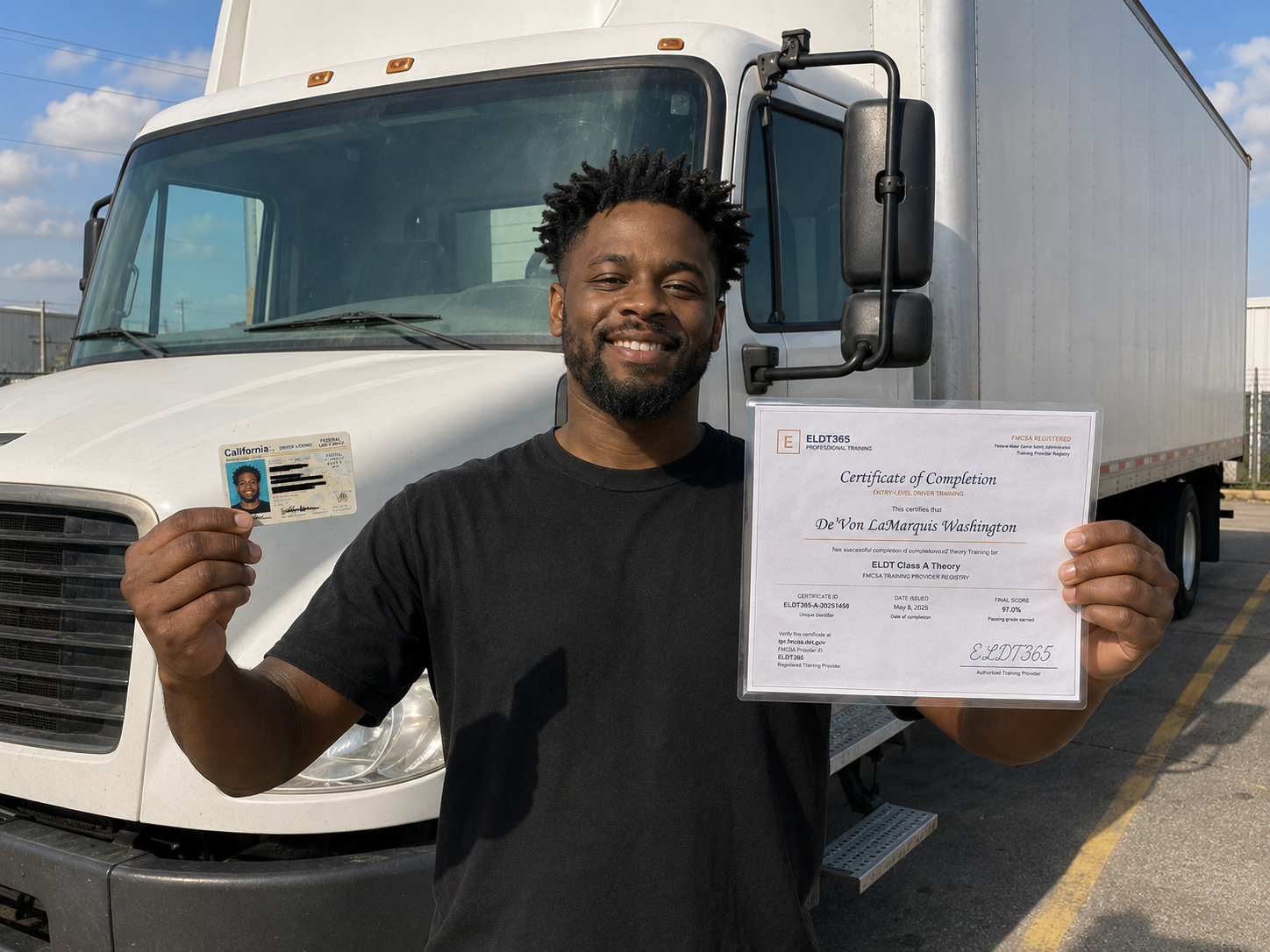 De'Von W. with his ELDT365 Class A CDL certificate