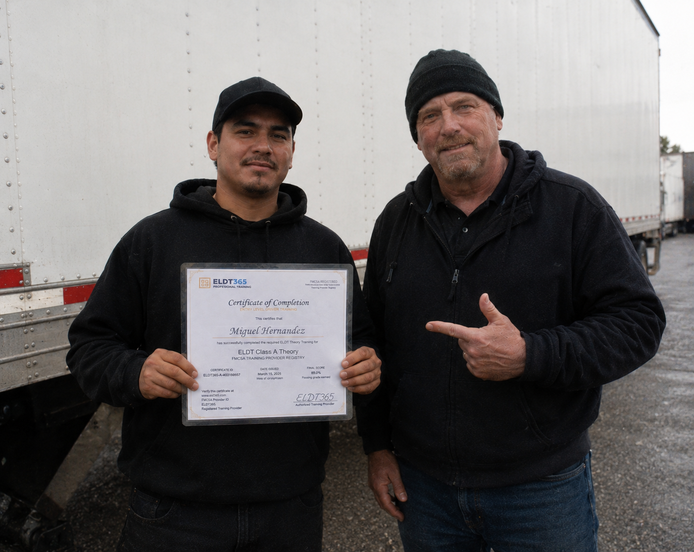 Miguel H. with his ELDT365 Class A CDL certificate