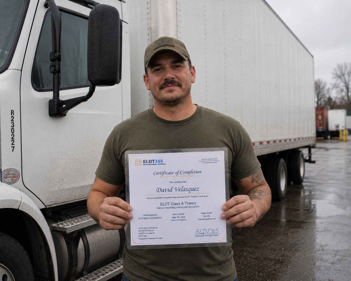 Daniel V. with his ELDT365 Class A CDL certificate