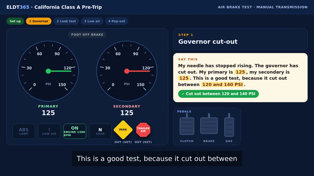 Animated CDL air brake test with gauges